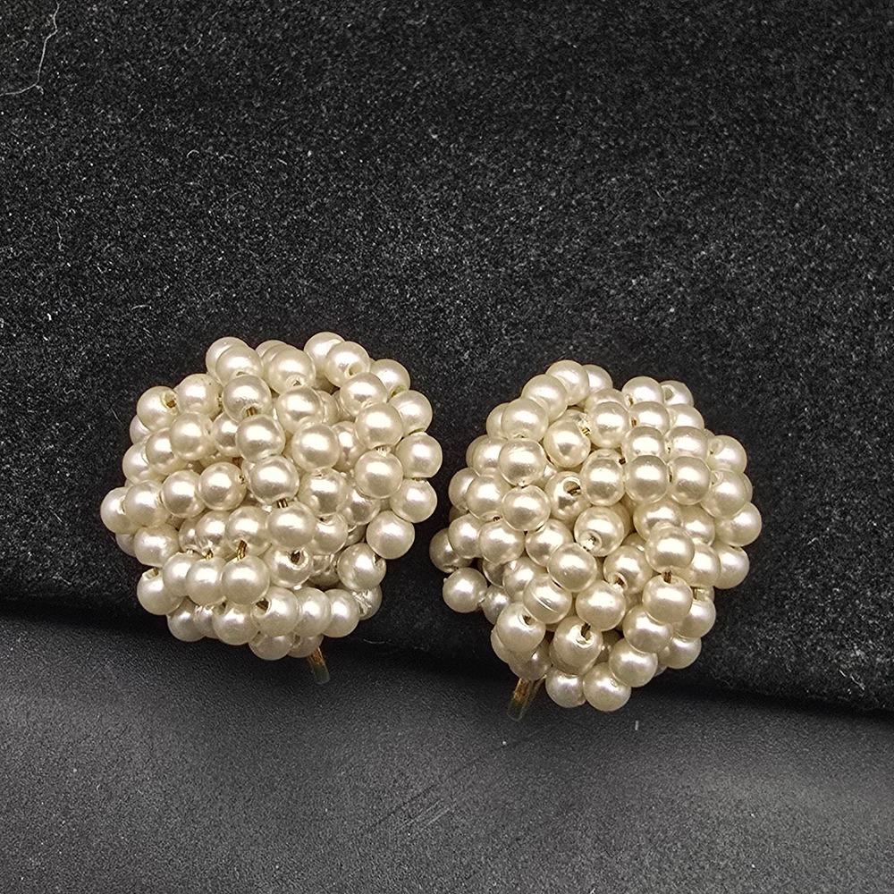 Faux Pearl Knotted Beaded Cluster Clip On Earrings Vintage Jewelry